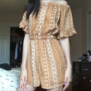 Off-The-Shoulder Gold Patterned Romper